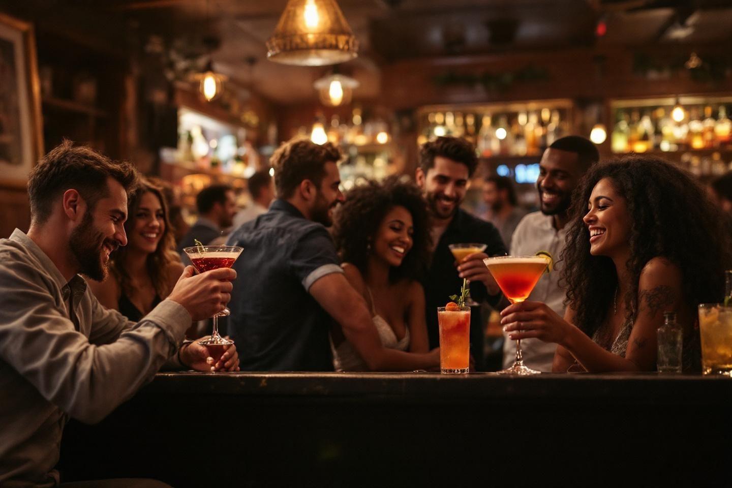 Groupe d'amis buvant des cocktails dans un bar chaleureux