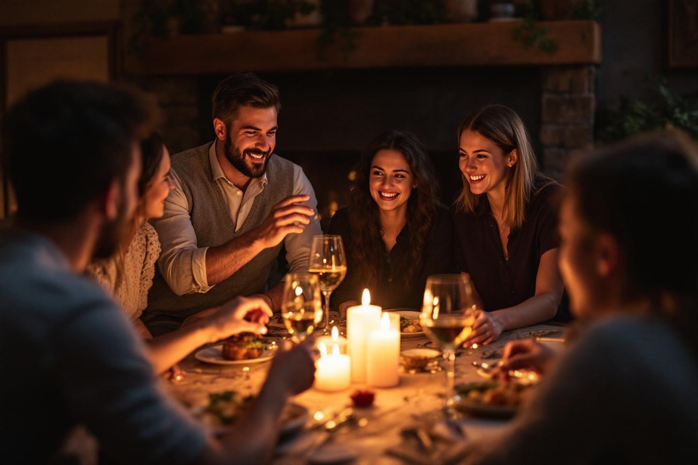 Groupe d'amis souriants autour d'une table avec bougies