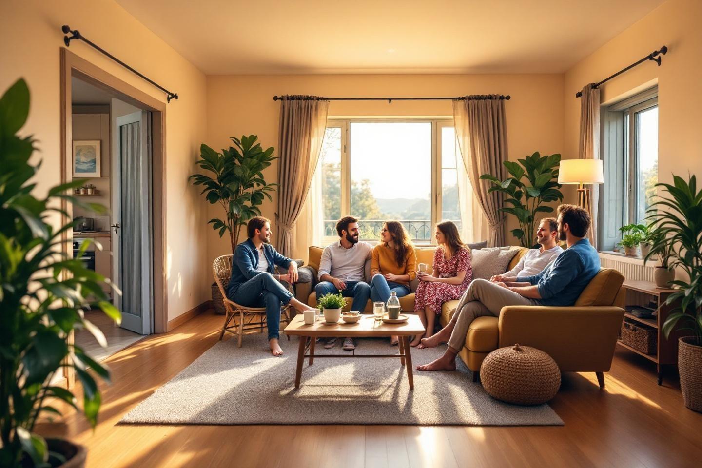 Groupe d'amis discutant confortablement dans un salon lumineux