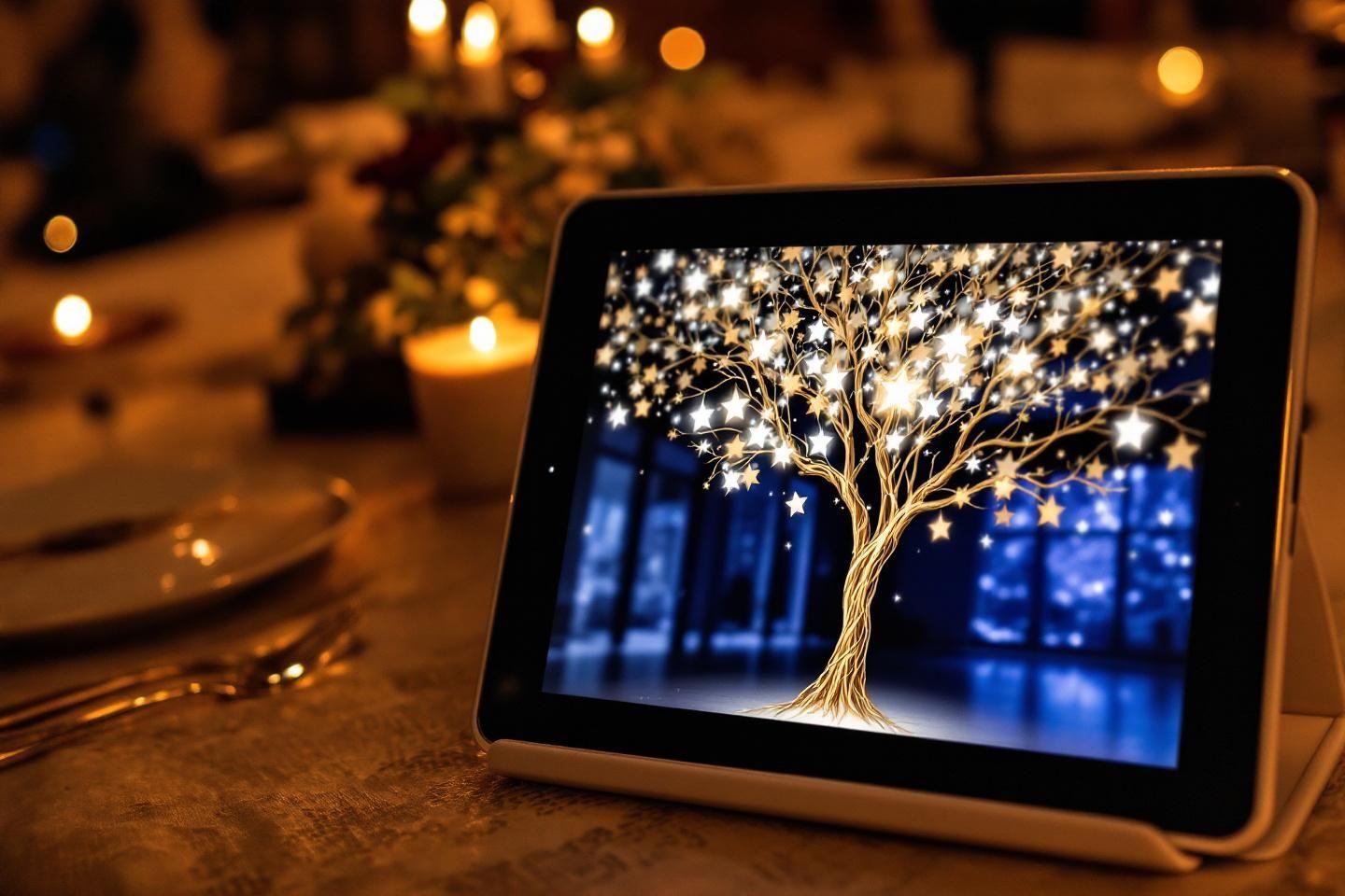 Arbre lumineux &eacute;toil&eacute; sur &eacute;cran, ambiance nocturne chaleureuse