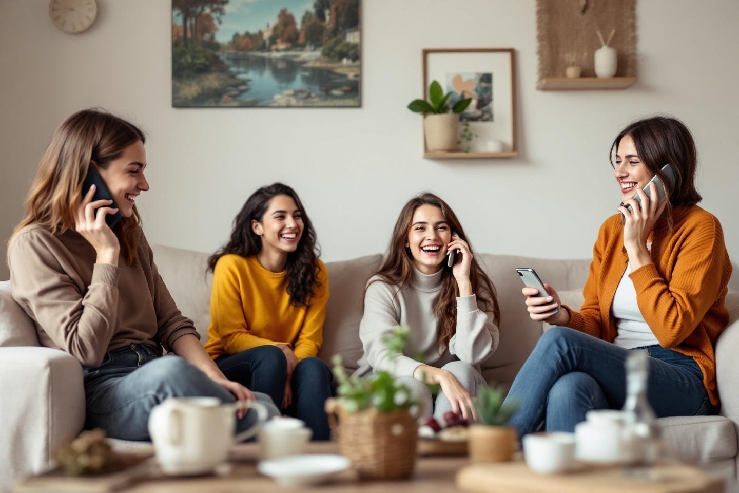 Quatre jeunes femmes souriantes assises sur un canap&eacute;, au t&eacute;l&eacute;phone