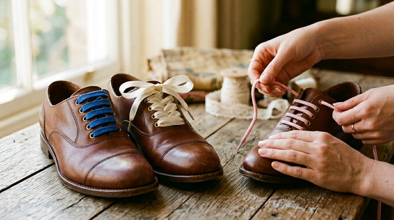 Mains attachant lacets color&eacute;s &agrave; chaussures marron