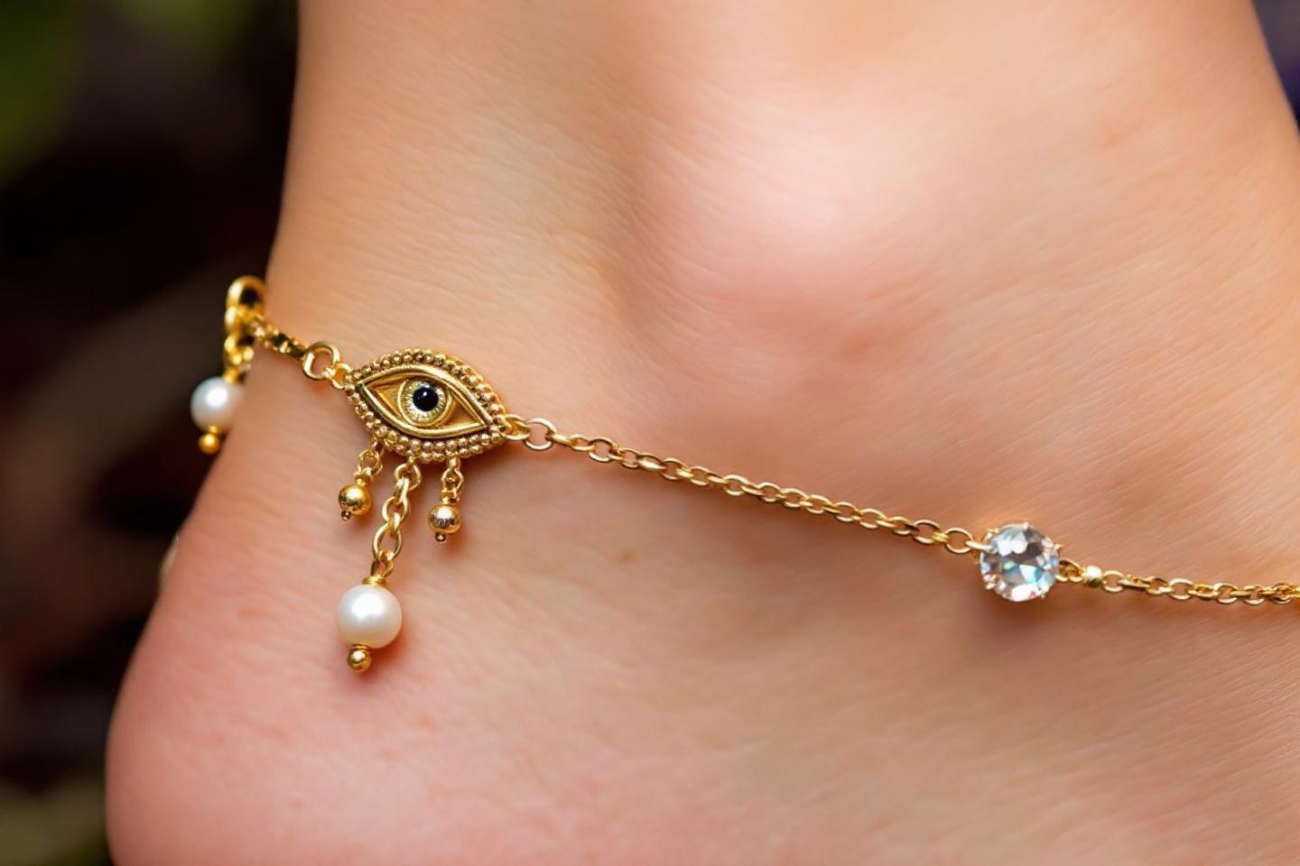 Bracelet de cheville en or avec pendentif &oelig;il et perles