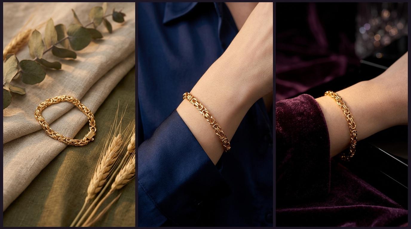 Trois photos montrant un bracelet chaîne dorée porté