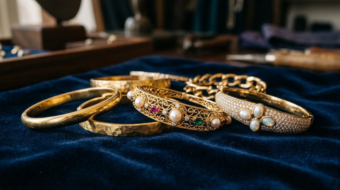 Bracelets dorés avec perles et pierres précieuses sur velours bleu