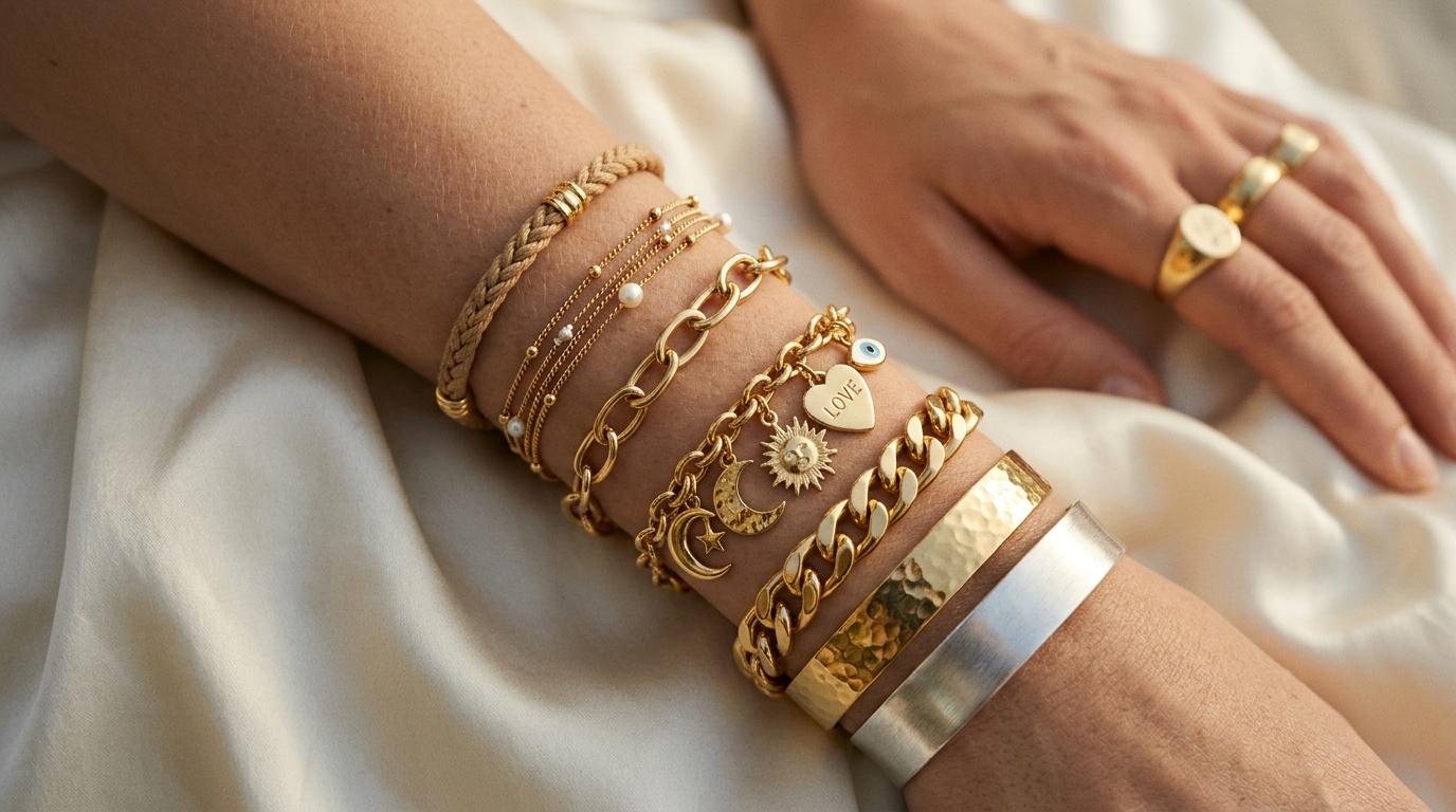 Poignet orné de plusieurs bracelets dorés et chaînes