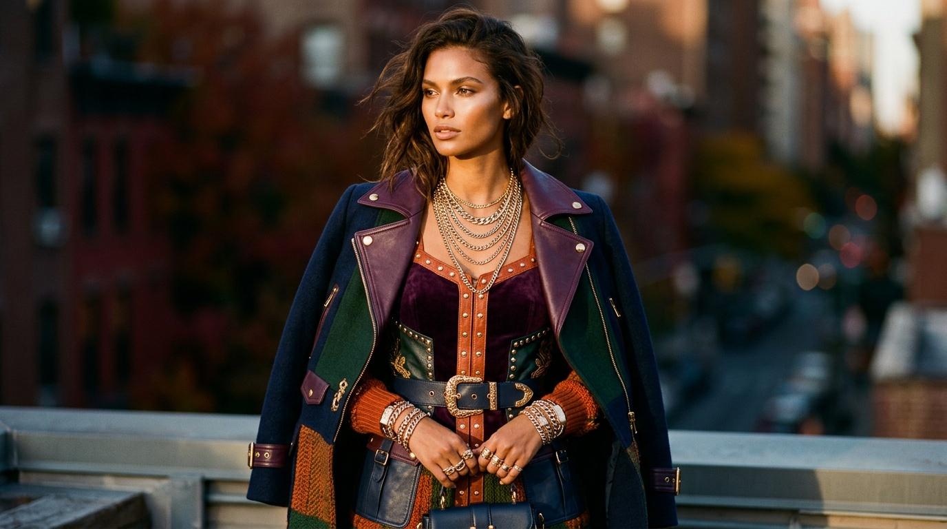 Femme portant veste multicolore et accessoires dorés en ville