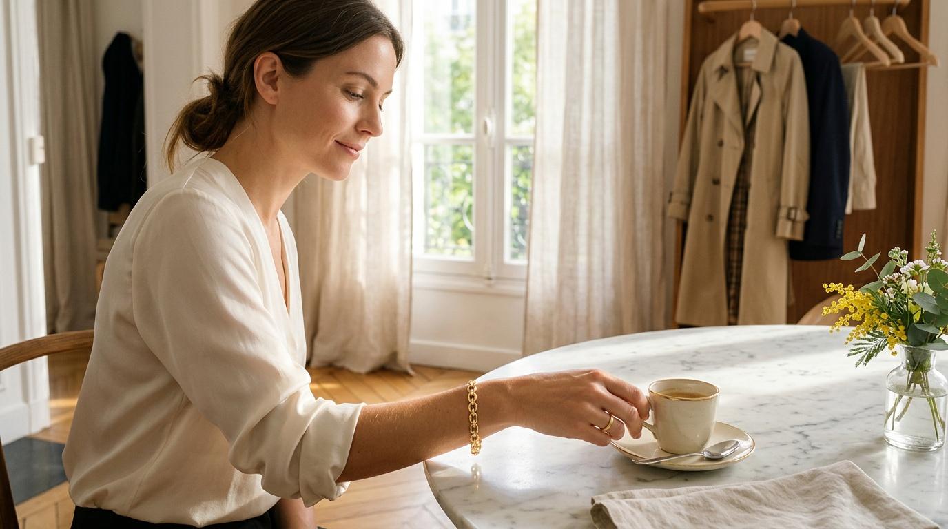 Femme élégante savourant un café à table dans un intérieur lumineux