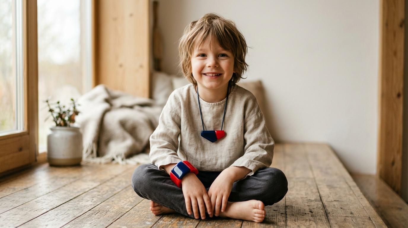 Jeune enfant assis souriant portant accessoires bleu blanc rouge