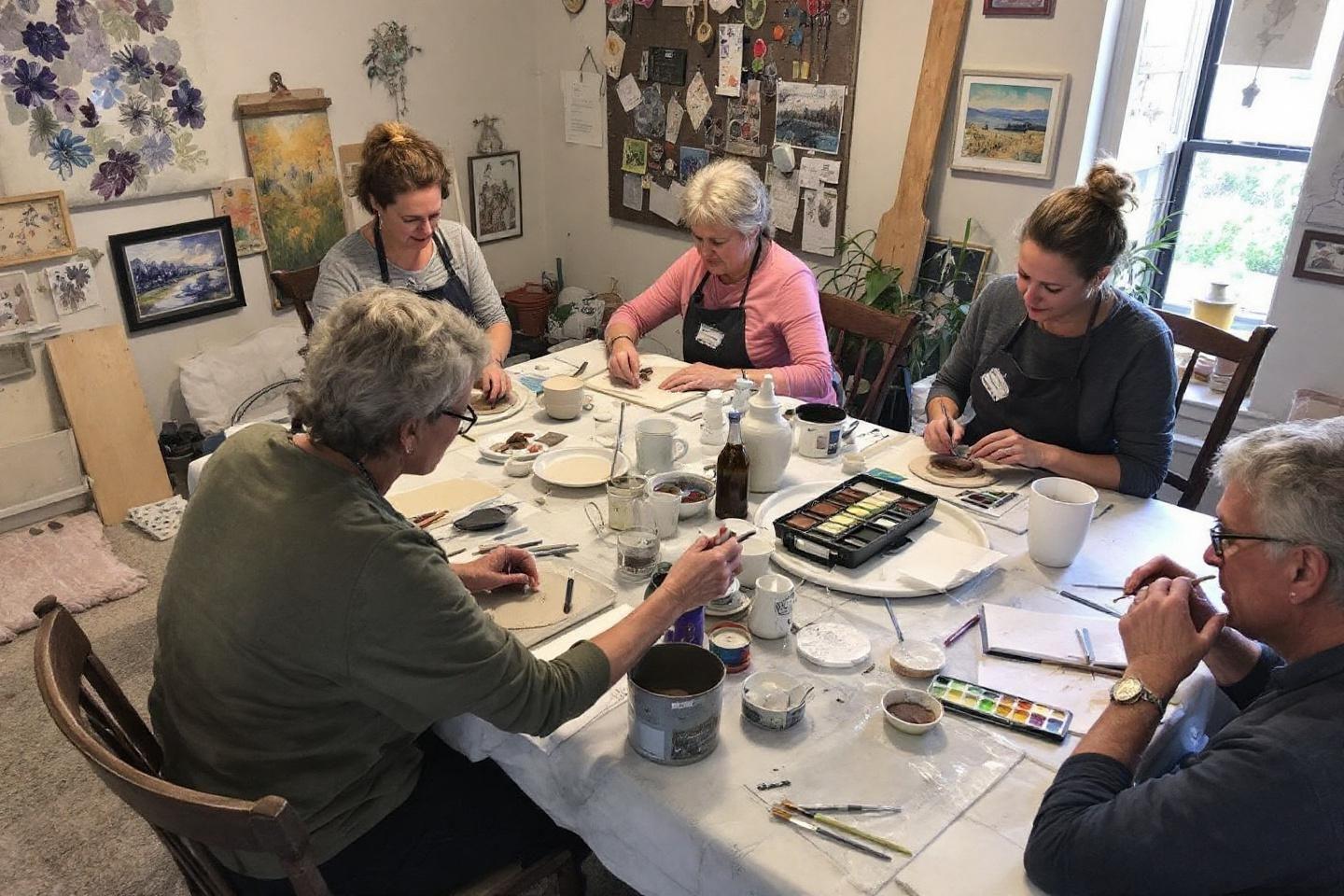 Personnes travaillant ensemble autour d'une table avec du mat&eacute;riel d'art