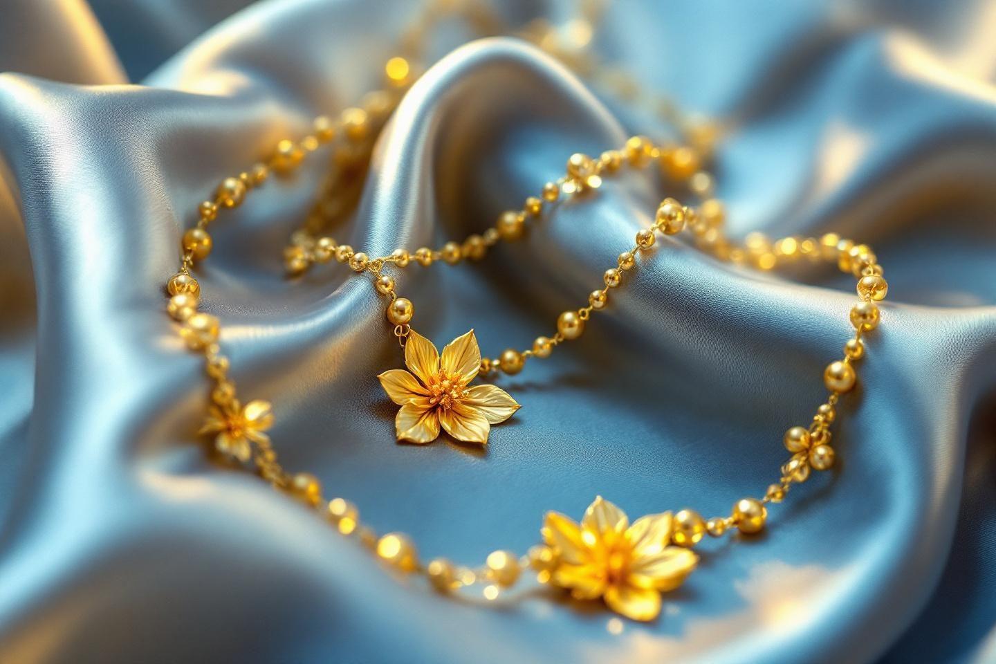 Bijou dor&eacute; avec fleurs sur tissu soyeux bleu