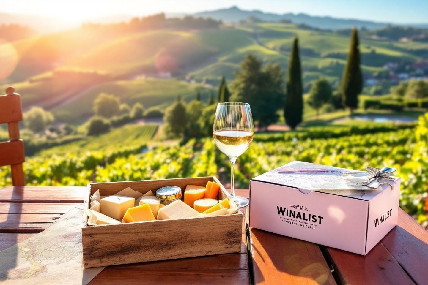 Verre de vin blanc, fromage avec vue sur vignoble ensoleill&eacute;