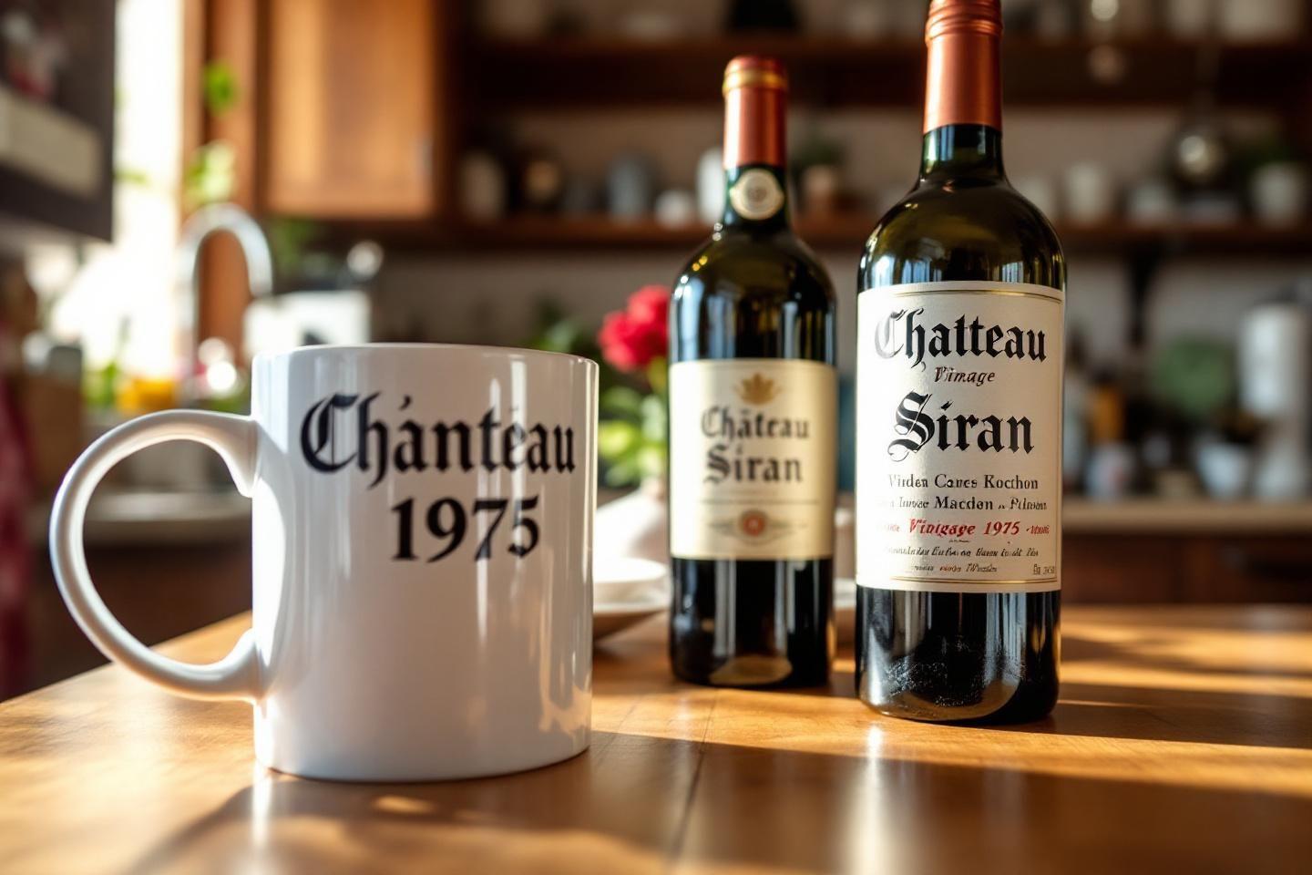 Bouteilles et mug de vin Ch&acirc;teau Siran sur une table en bois