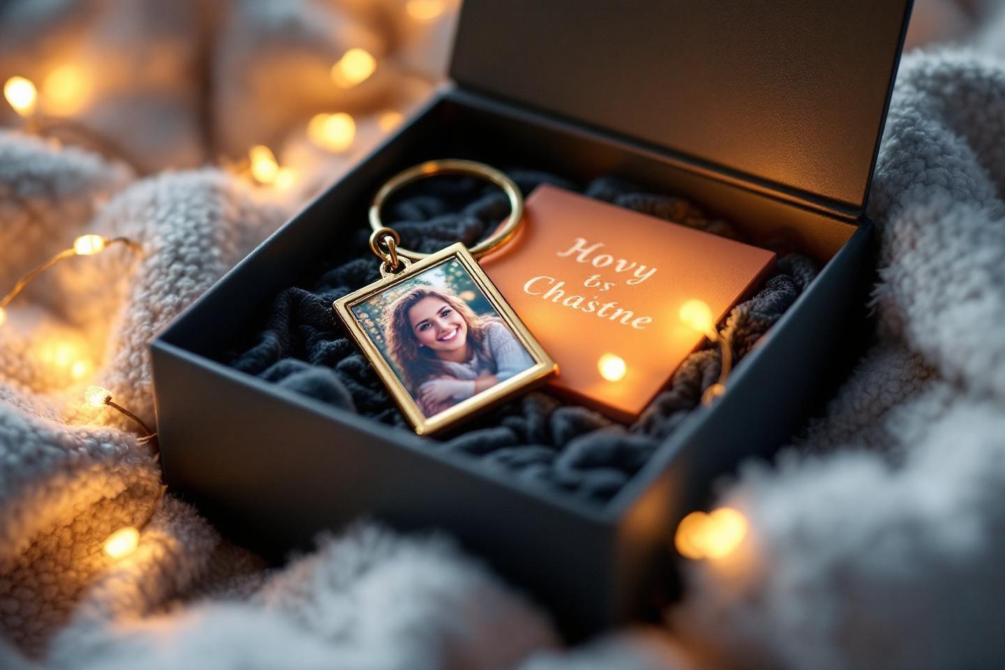 Bo&icirc;te-cadeau avec porte-cl&eacute;s photo et carte orange