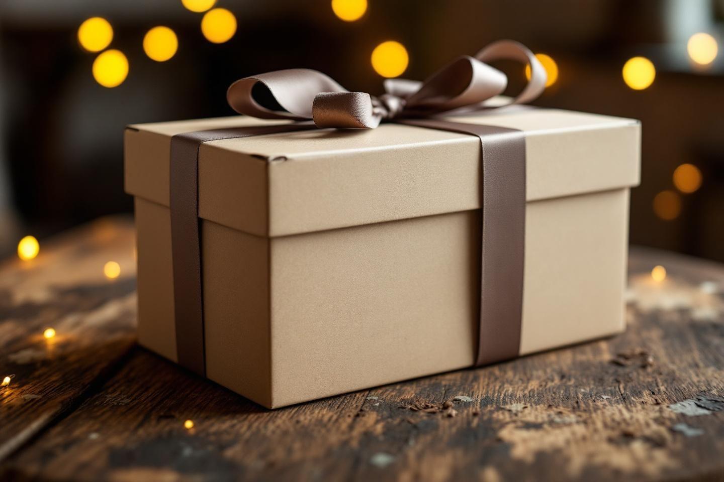 Bo&icirc;te cadeau beige avec ruban sur table en bois