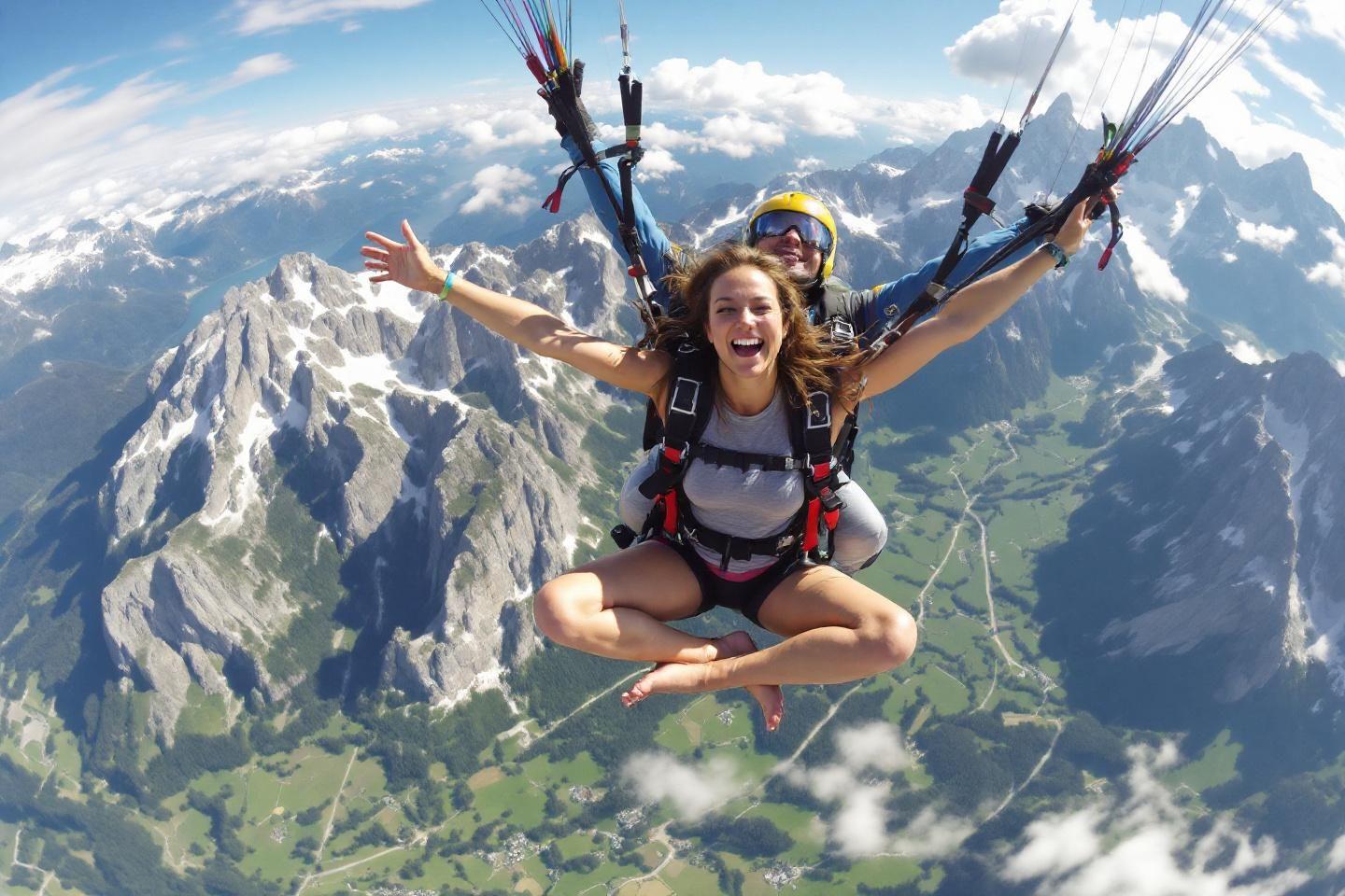 Femme joyeuse en parapente survolant des sommets alpins enneig&eacute;s