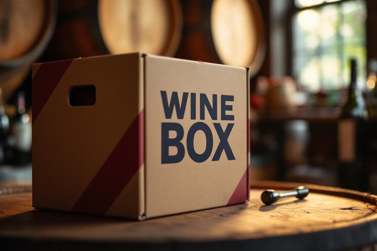 Bo&icirc;te en carton avec inscription 'Wine Box' pos&eacute;e sur un tonneau