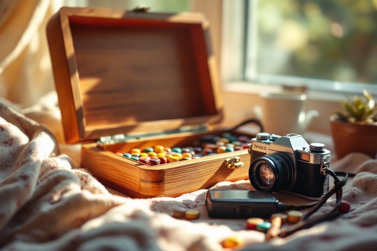 Bo&icirc;te en bois ouverte avec peintures et appareil photo vintage