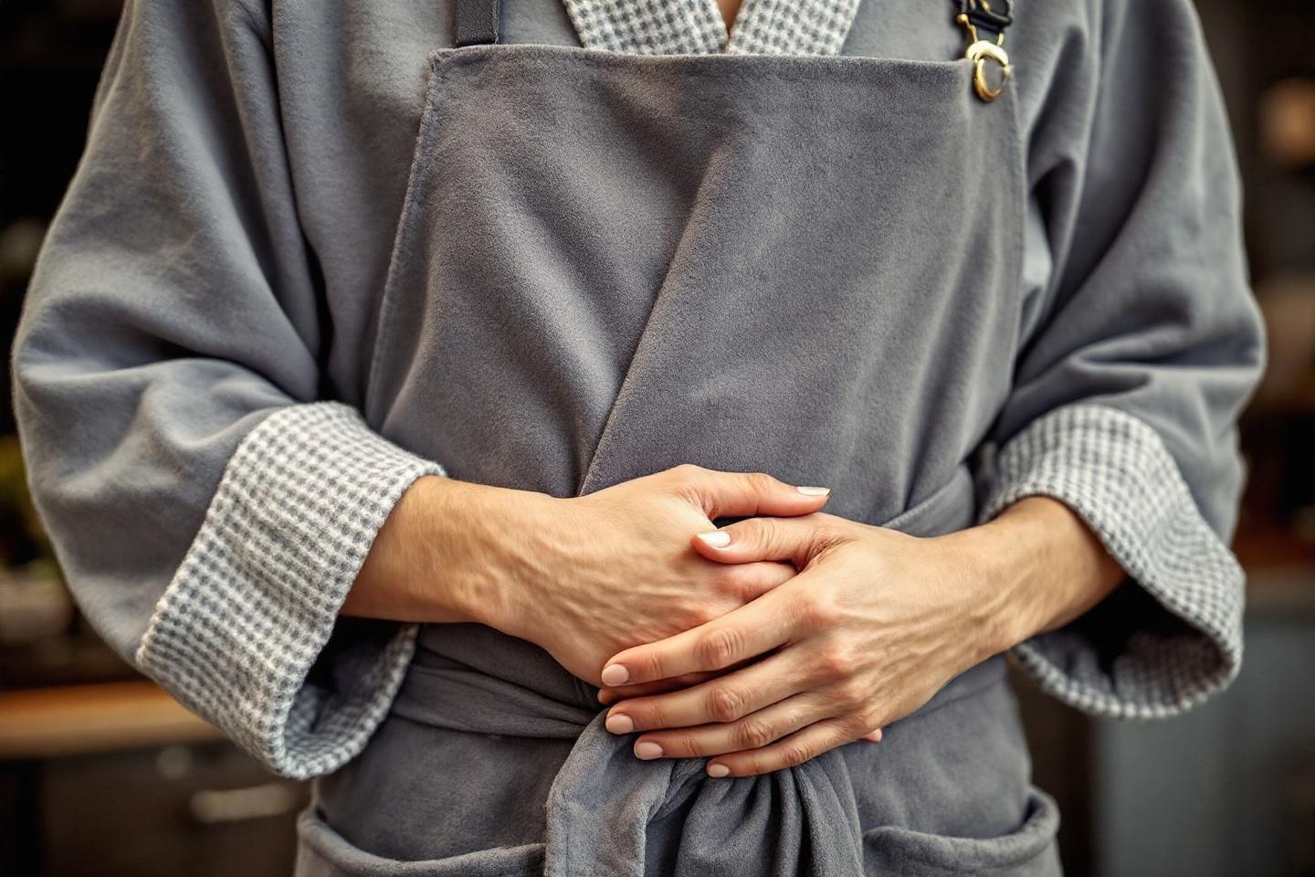 Gros plan sur des mains jointes dans un tablier &agrave; carreaux