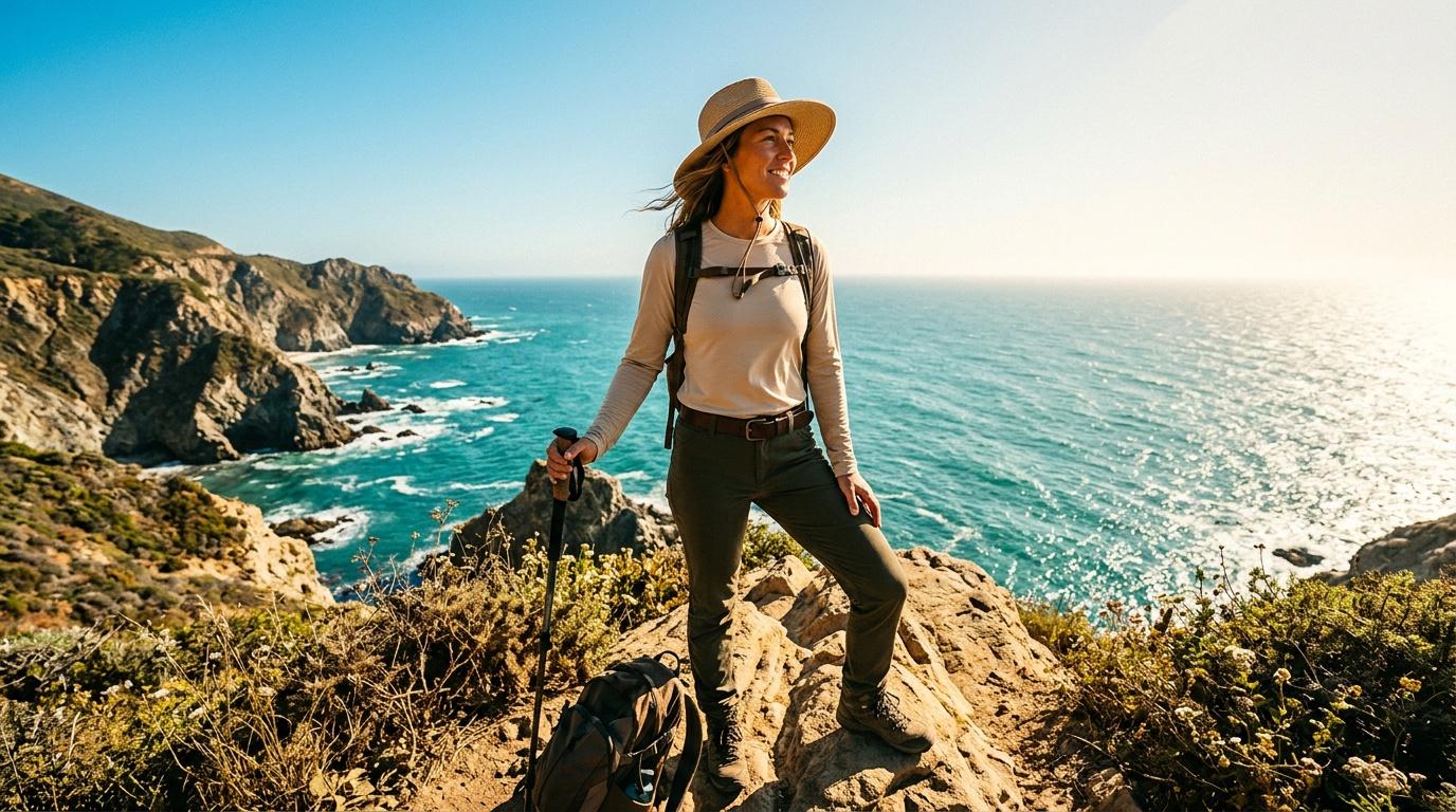 Femme randonneuse avec b&acirc;tons sur falaise surplombant oc&eacute;an turquoise