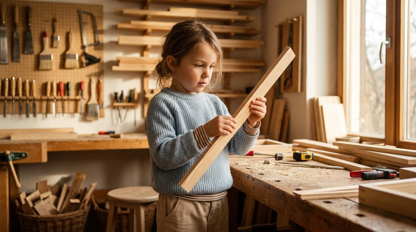 Enfant tenant une planche de bois dans un atelier de menuiserie