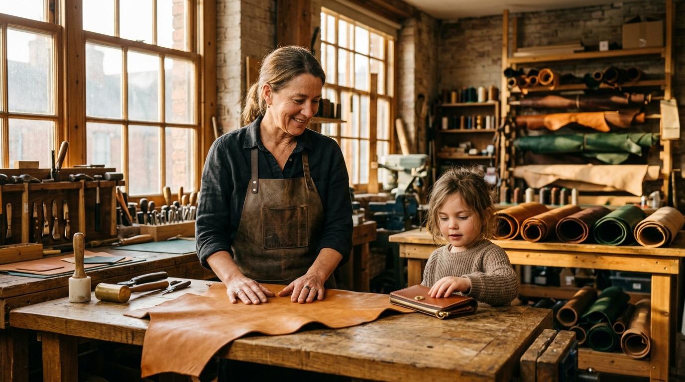 Femme et fillette travaillent le cuir dans un atelier artisanal