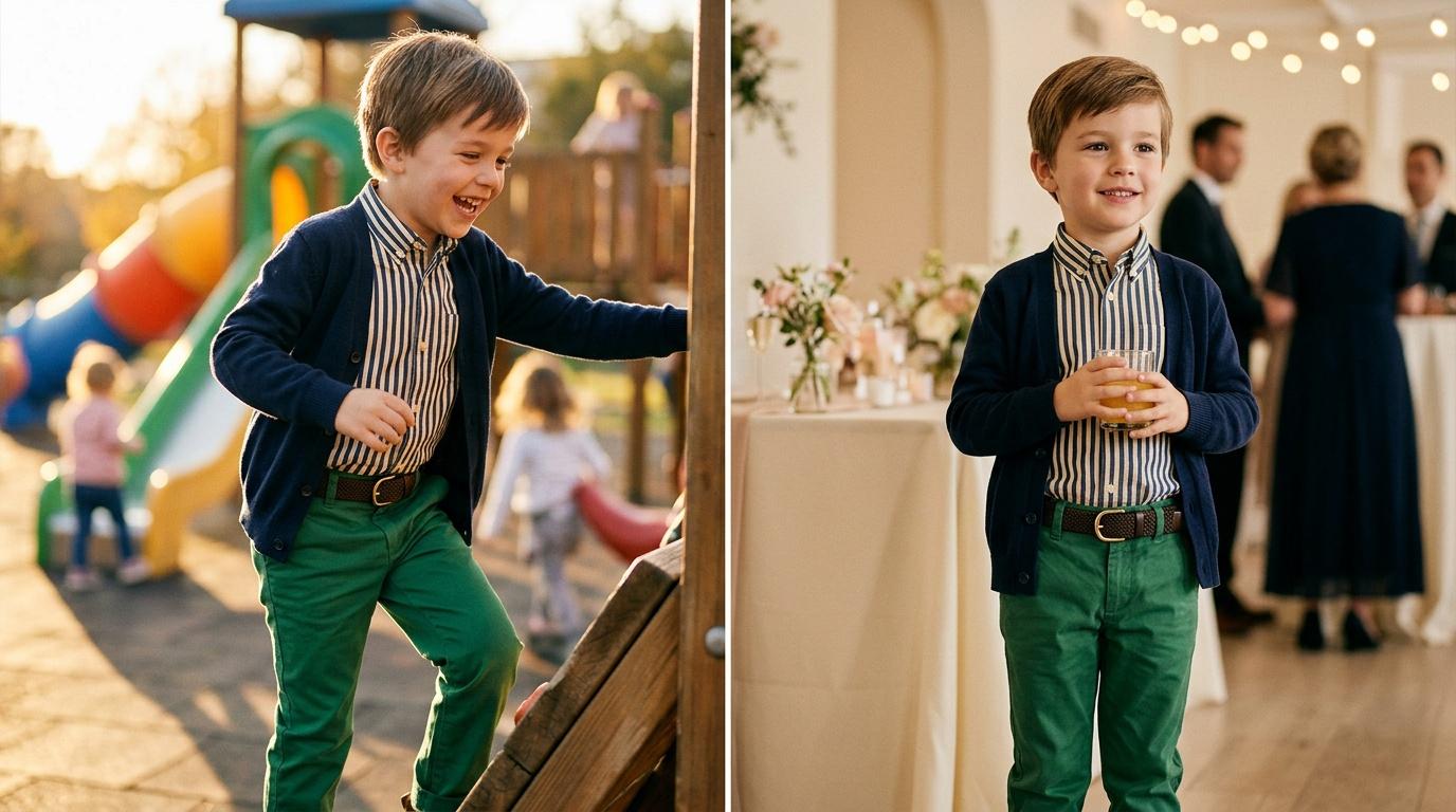 Jeune gar&ccedil;on en blazer bleu et pantalon vert sourit