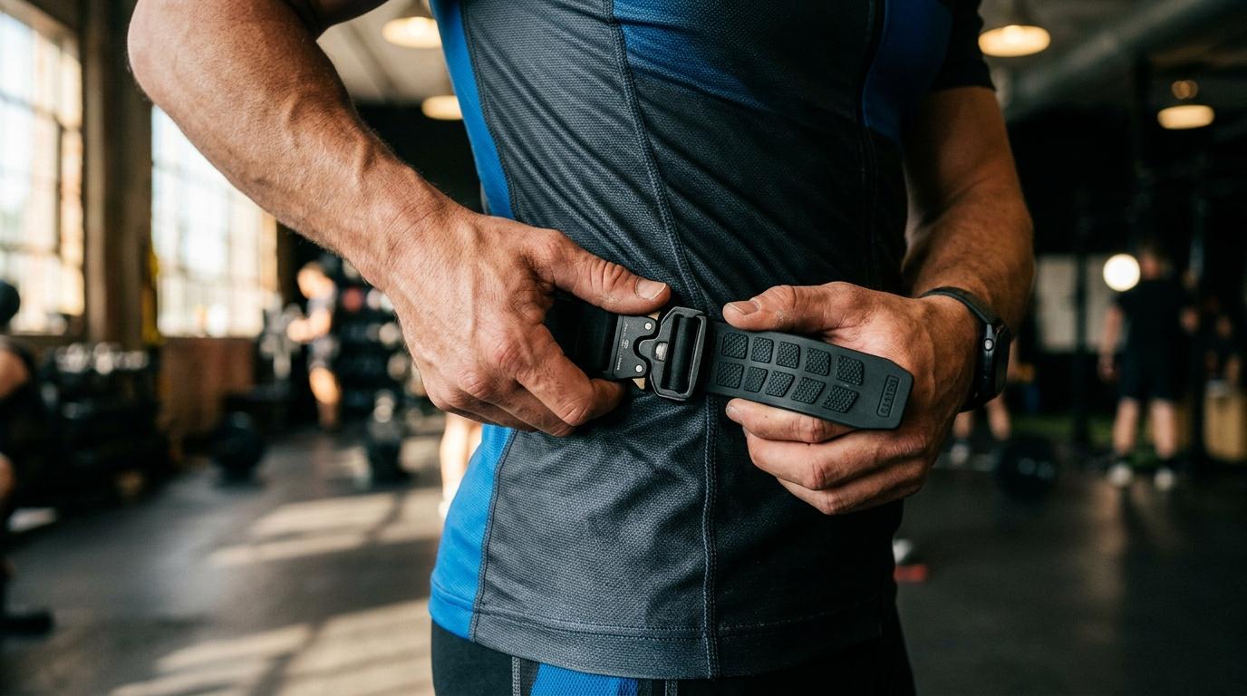 Homme en tenue de sport ajuste sa ceinture de musculation