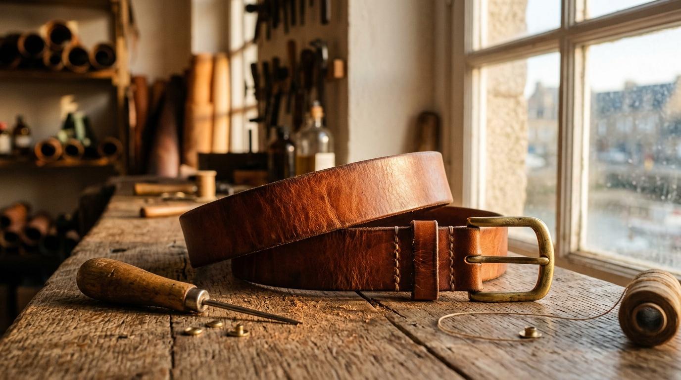 Ceinture en cuir marron avec outils de travail artisanaux