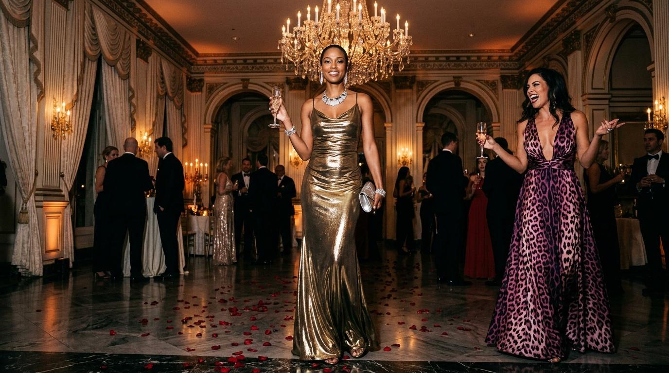 Deux femmes en robes de soirée dans un grand ballroom illuminé