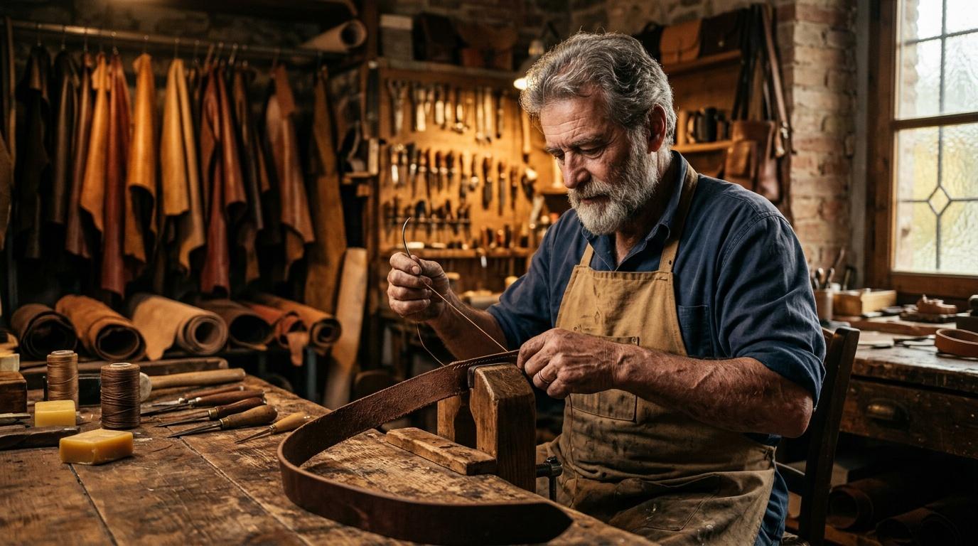 Maître tanneur façonnant une ceinture en cuir dans son atelier