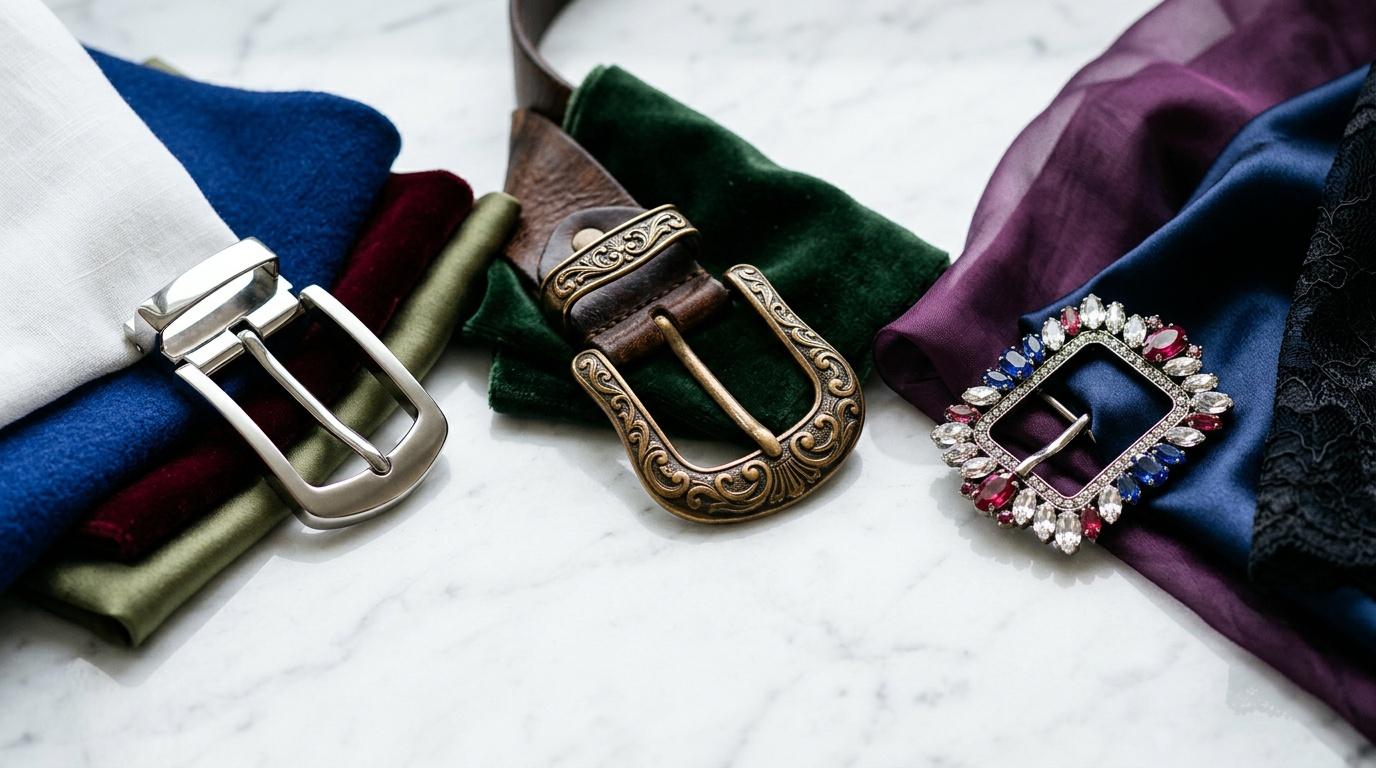 Trois ceintures décoratives avec boucles ornementales sur tissus colorés