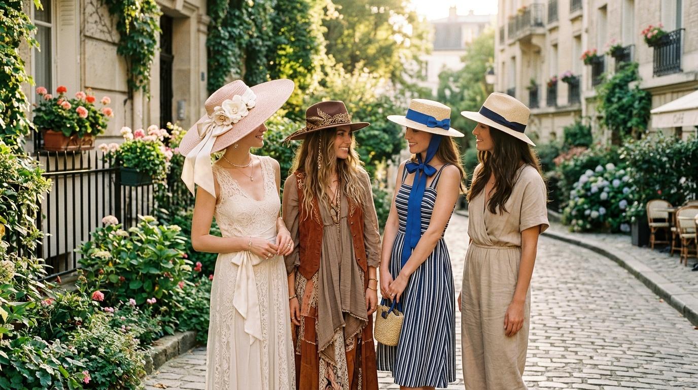 Quatre femmes en robes &eacute;l&eacute;gantes et chapeaux se prom&egrave;nent dans une rue parisienne fleurie.