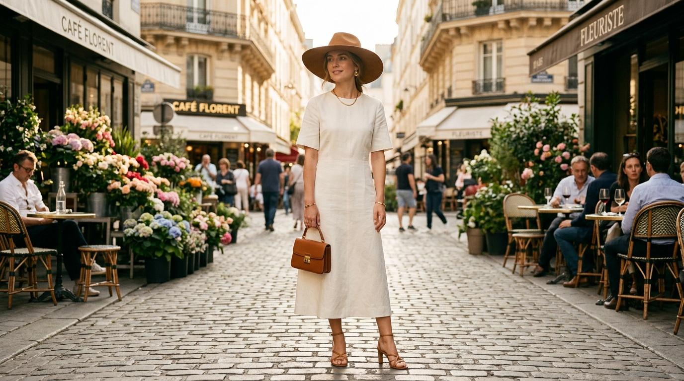 Femme en robe blanche et chapeau dans une rue parisienne fleurie
