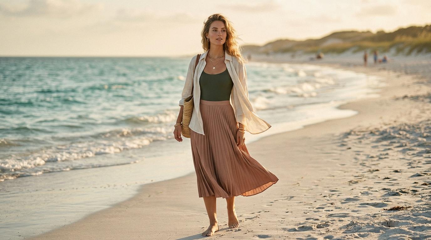 Femme marchant sur la plage au coucher de soleil