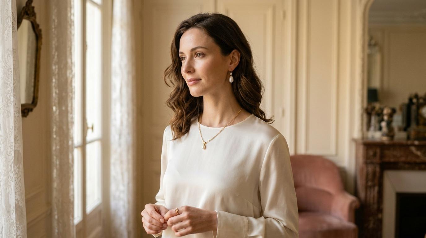 Femme en chemise beige regarde par la fen&ecirc;tre
