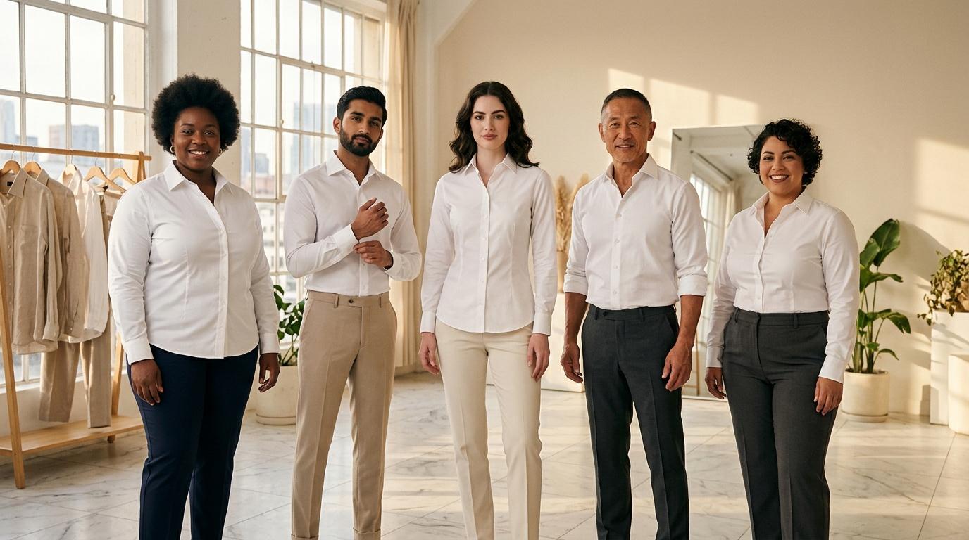 Cinq professionnels souriants en chemises blanches et pantalons formels