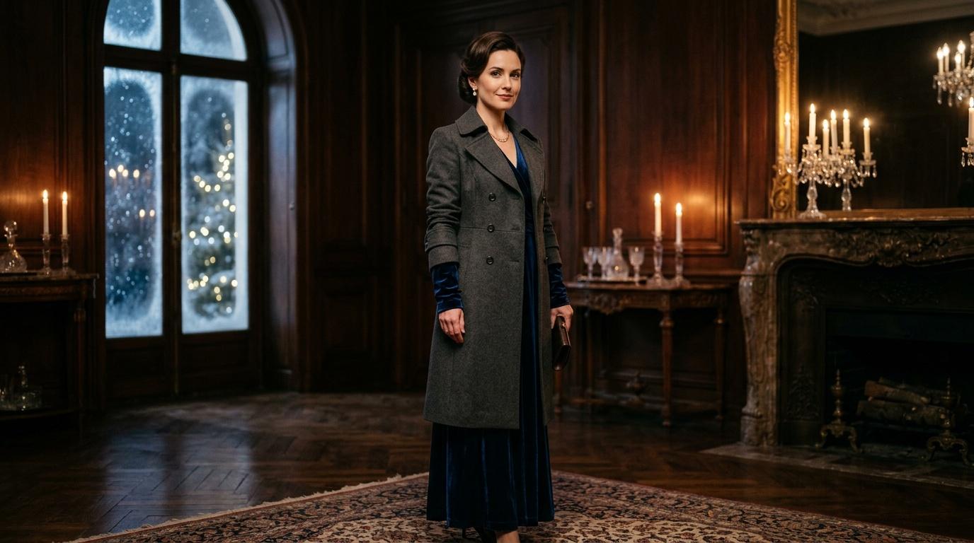 Femme en manteau gris dans un salon luxueux avec chandelier