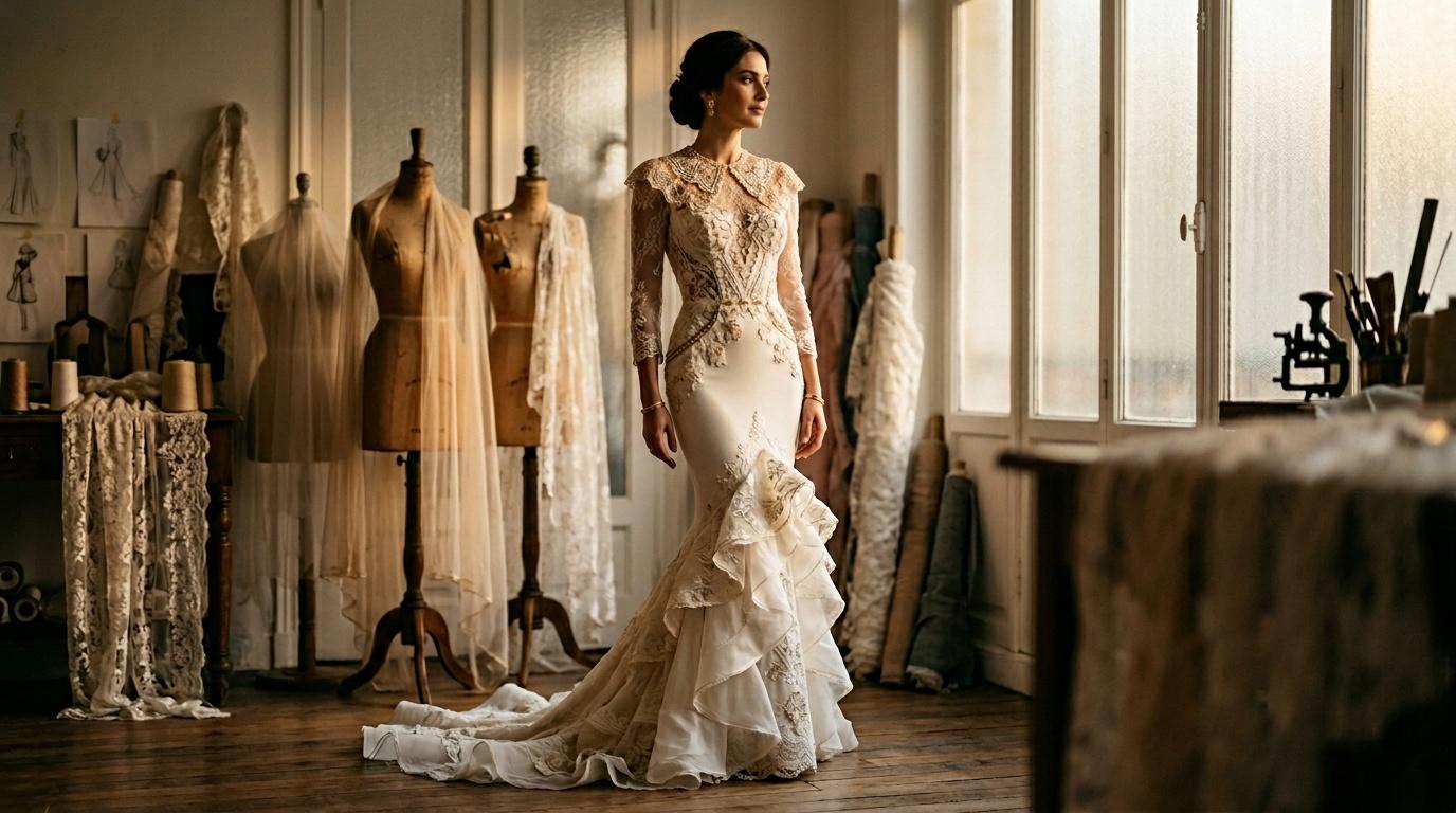 Mannequin portant robe de mari&eacute;e &eacute;l&eacute;gante dans atelier de designer