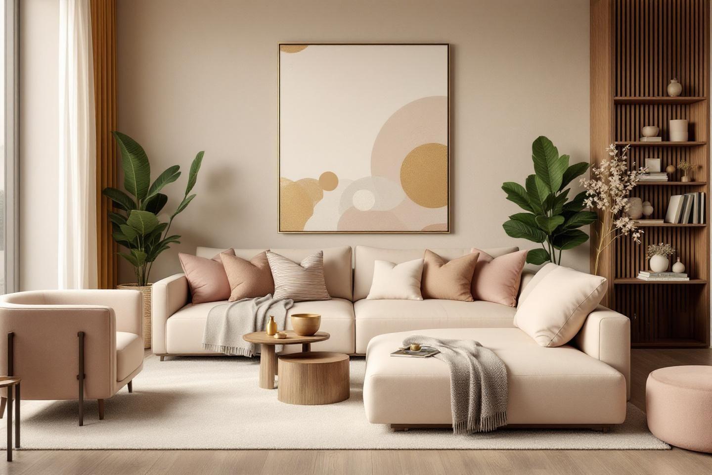 Int&eacute;rieur lumineux avec canap&eacute; beige, plantes et art g&eacute;om&eacute;trique