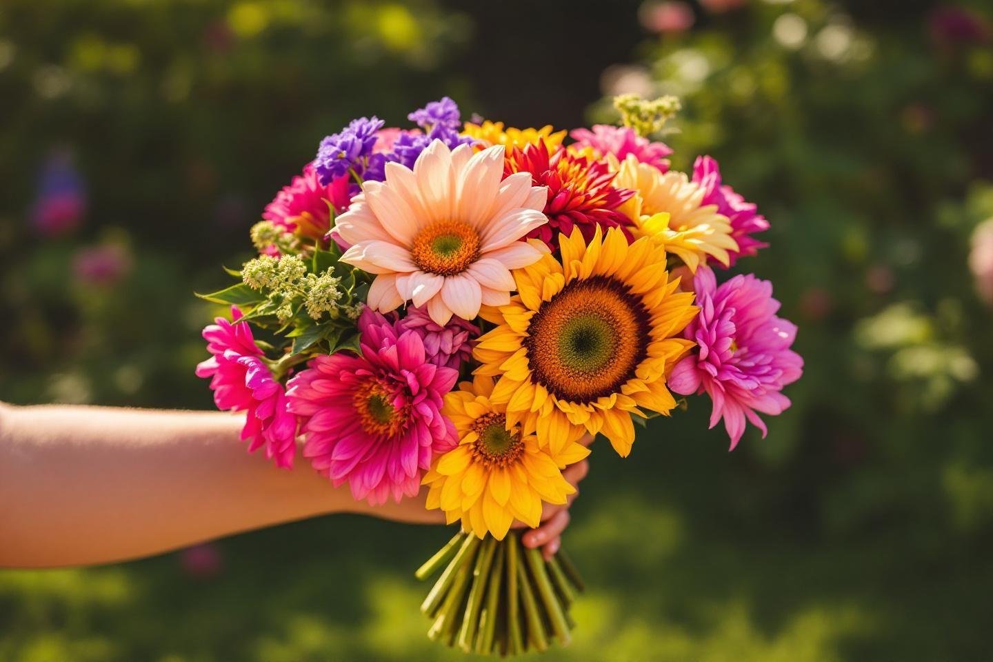 Bouquet vibrant de tournesols, marguerites et dahlias multicolores
