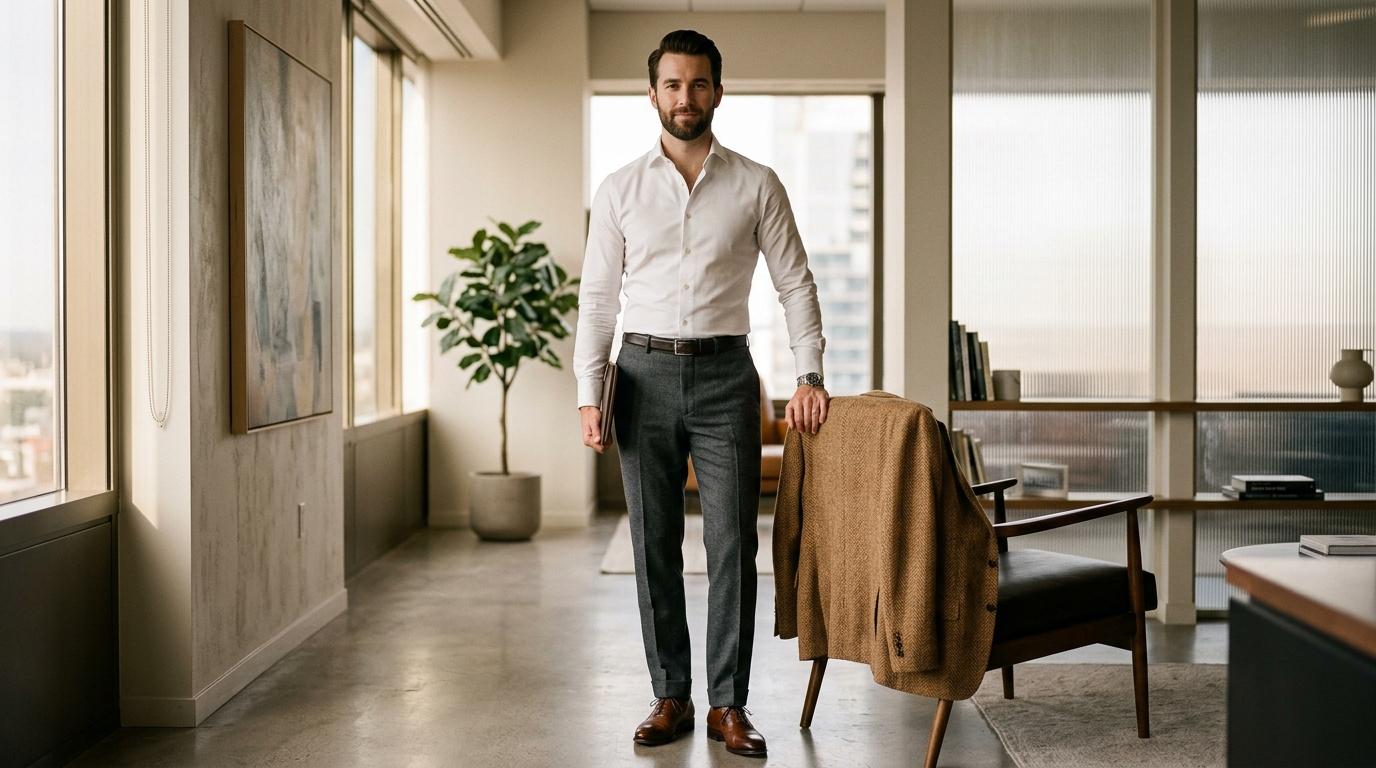 Homme en chemise blanche et pantalon gris dans un bureau contemporain