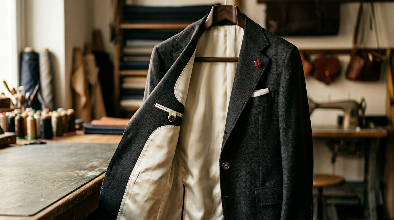 Veste grise sur cintre dans un atelier de confection