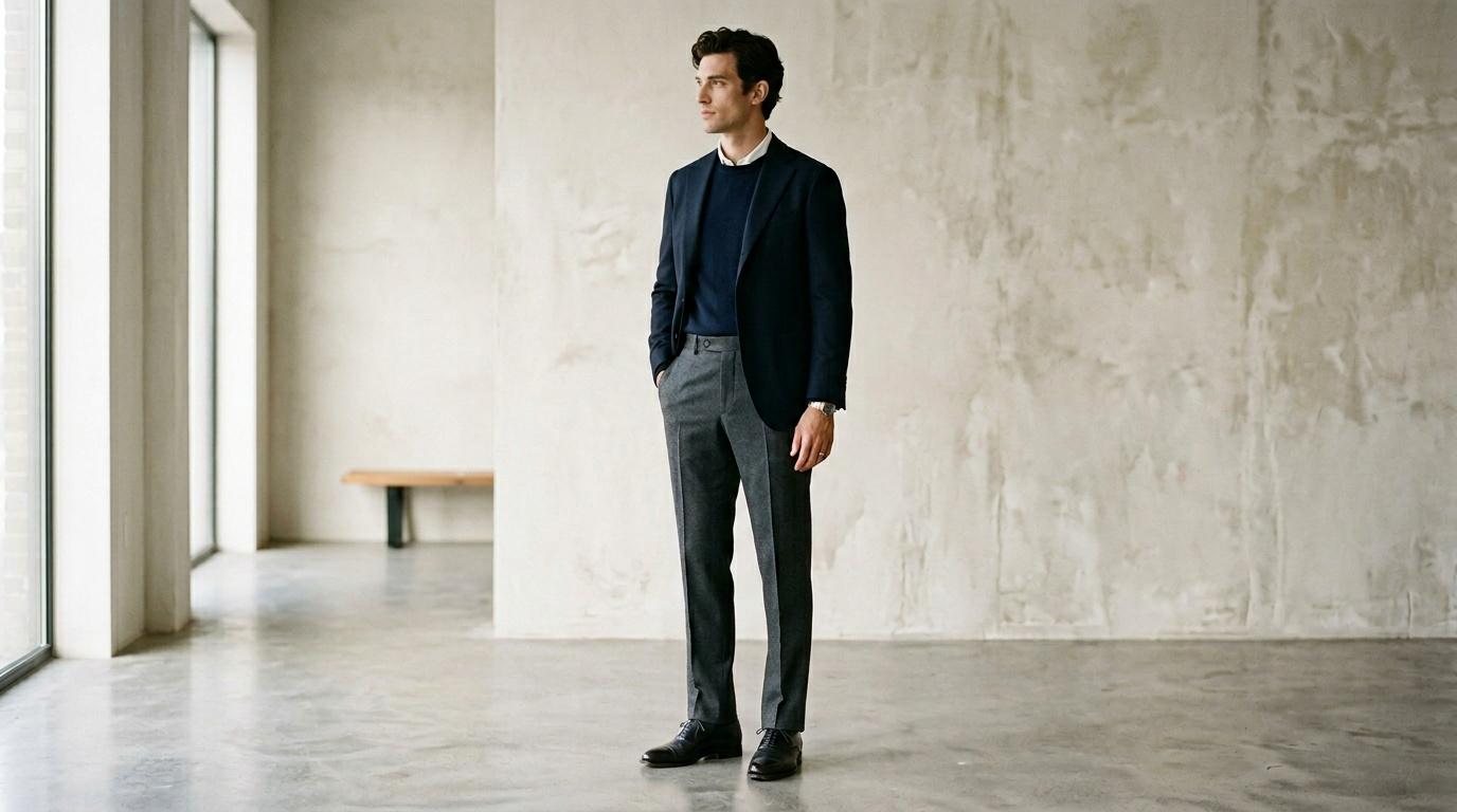 Homme en blazer bleu et pantalon gris dans couloir moderne