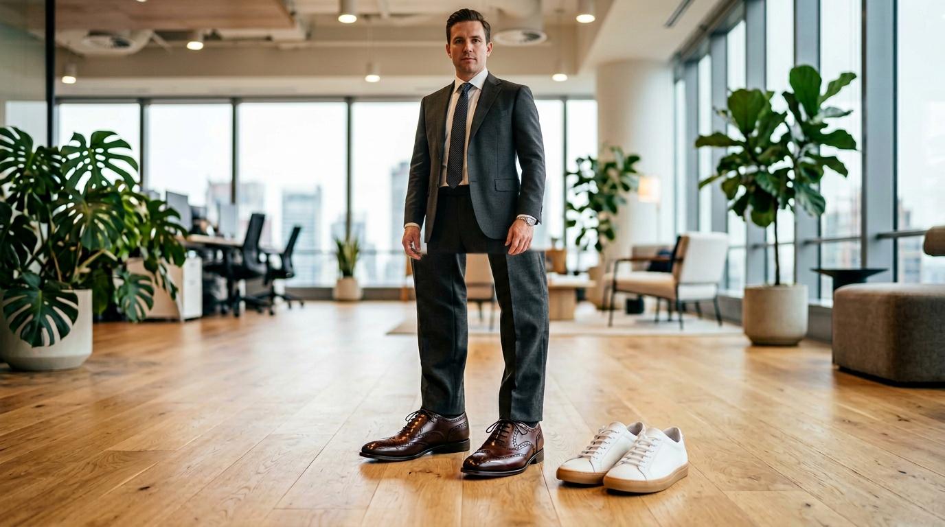 Homme en costume comparant chaussures formelles et d&eacute;contract&eacute;es