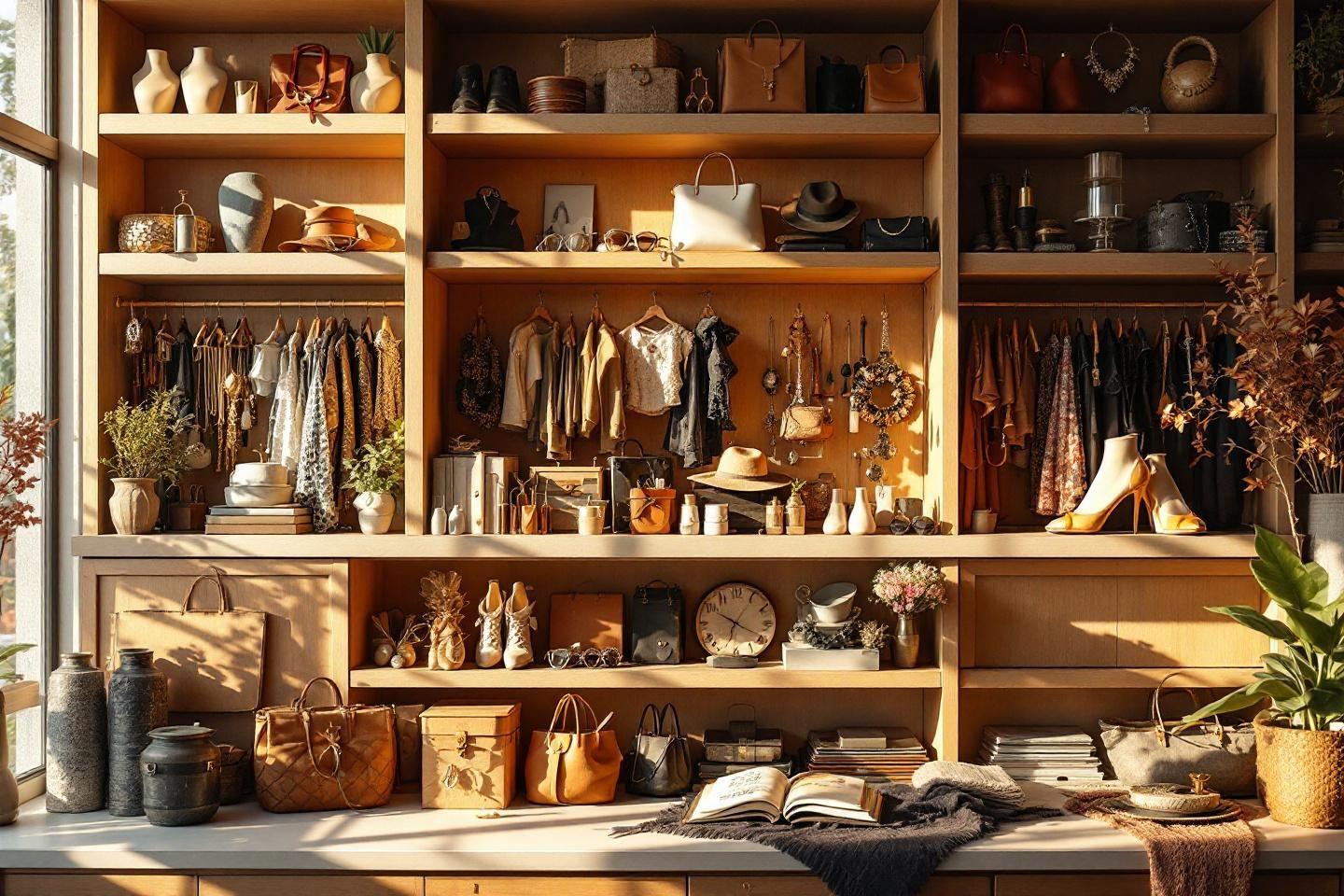 &Eacute;tag&egrave;res en bois remplies de v&ecirc;tements, accessoires et objets d&eacute;coratifs