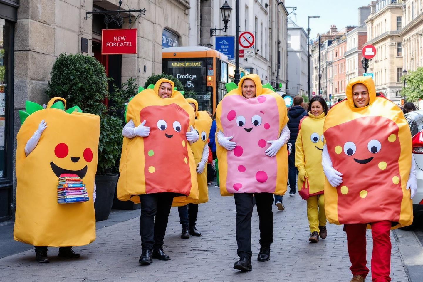 Cinq personnes d&eacute;guis&eacute;es en paquets de nourriture souriants
