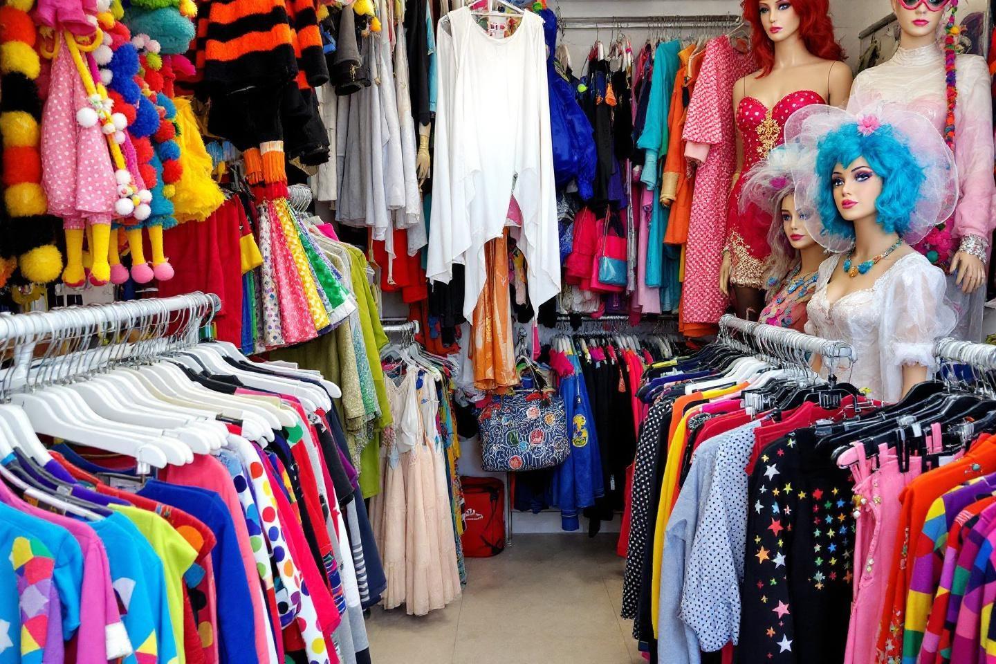 &Eacute;tag&egrave;res de v&ecirc;tements multicolores avec mannequins sur le c&ocirc;t&eacute;