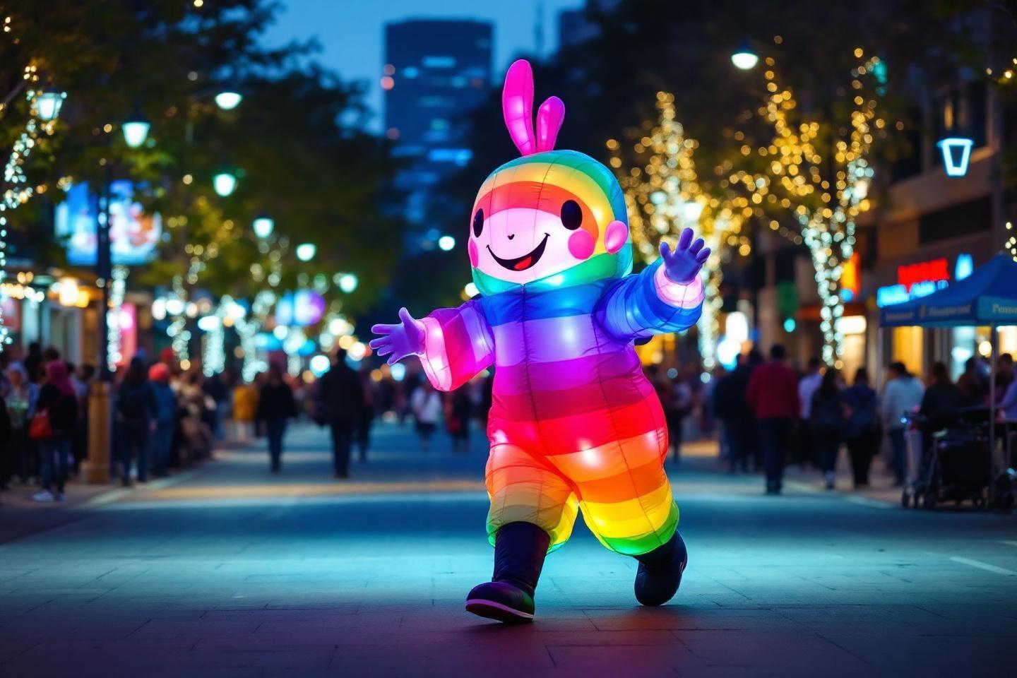 Personnage lumineux multicolore avec des oreilles de lapin dans la rue