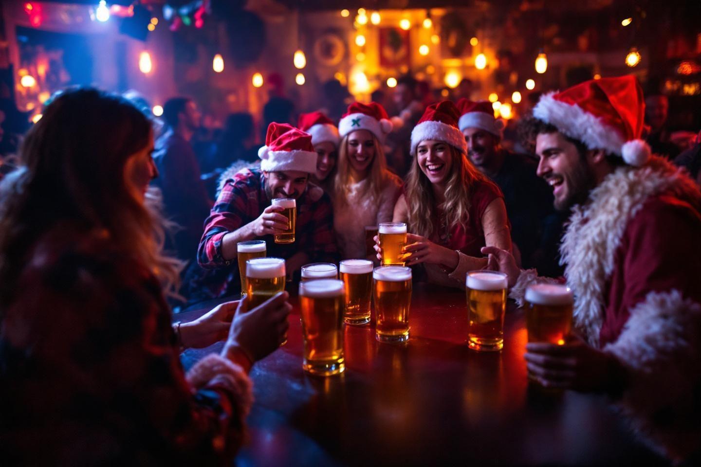 Amis portant des bonnets de No&euml;l, buvant des bi&egrave;res
